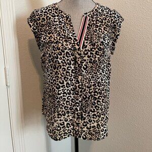 Womens V-Neck Leopard Cap Sleeve Blouse